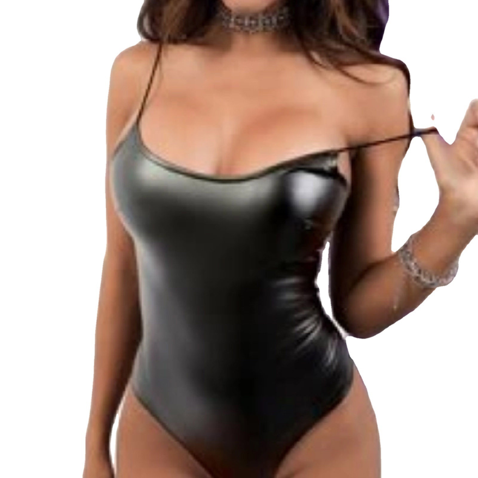 Women's Faux Leather Bodysuit with Spaghetti Straps and Scoop Neck Design