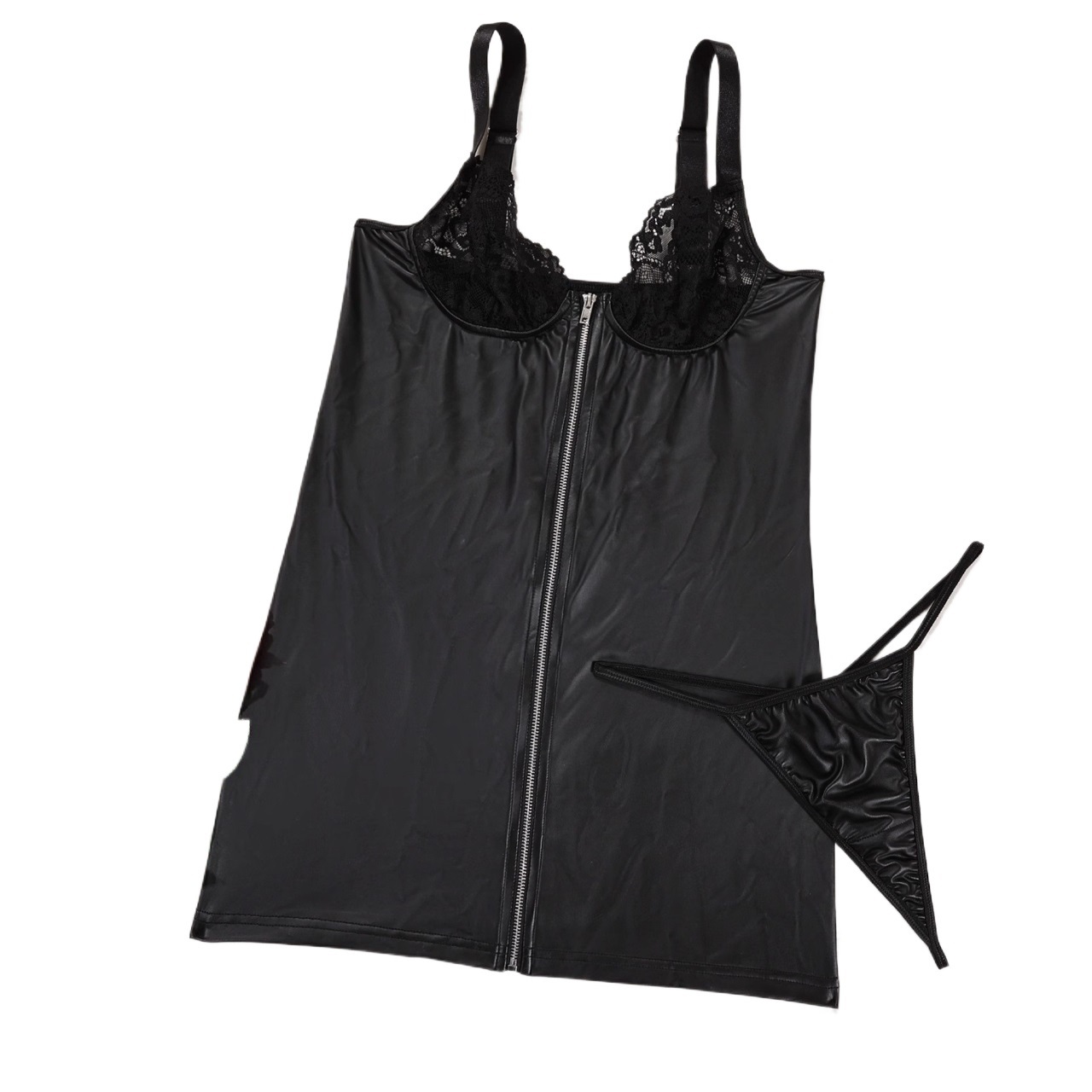 Women’s Zipper Front Spaghetti Strap Faux Leather Bodycon Mini Dress